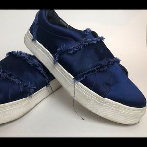 Sam Edelman Blue Satin Low Top Pull On Platform Sneakers with fringe